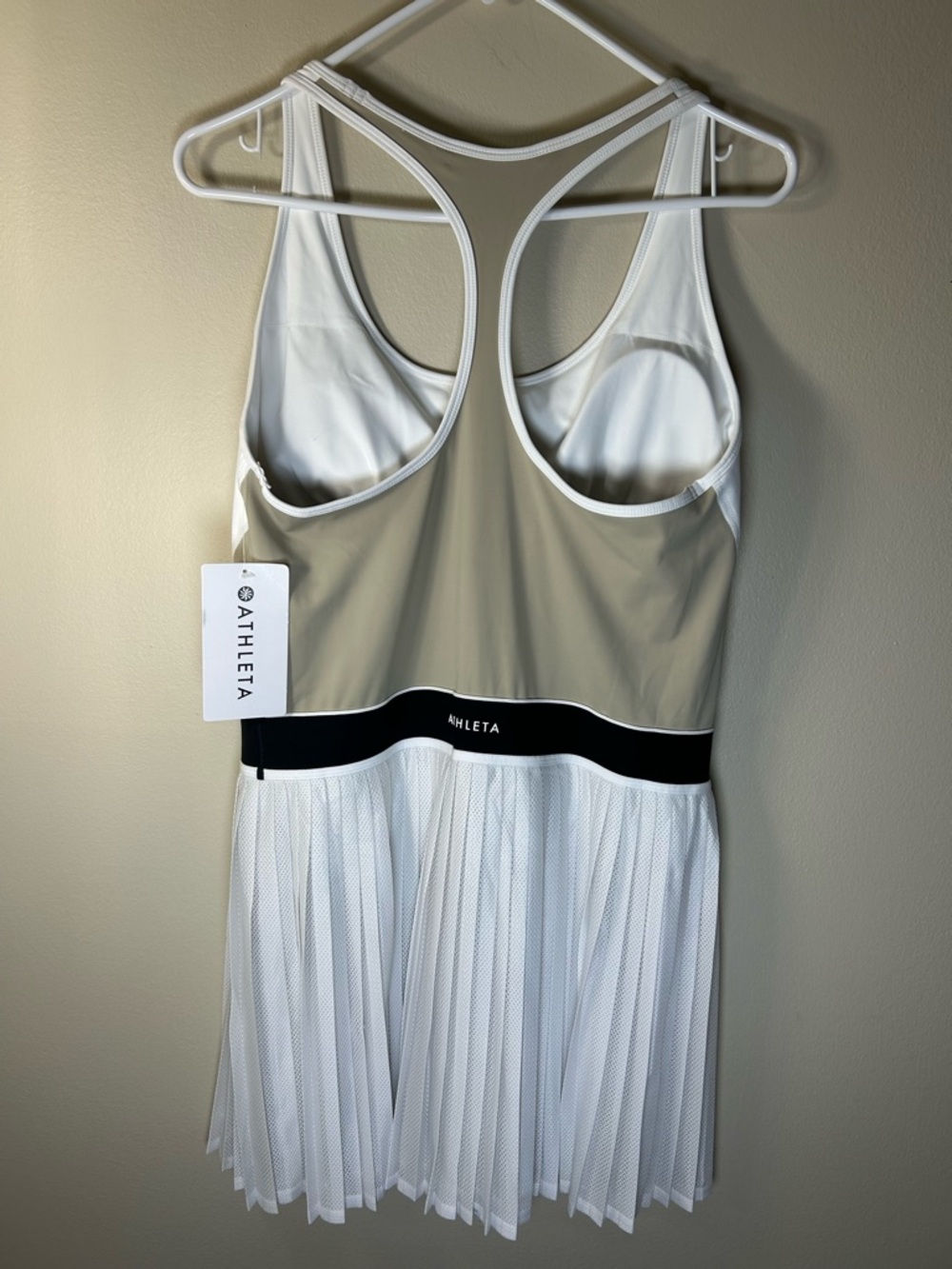 Athleta Taupe and White Racerback Sport Dress with Black Waist Detail